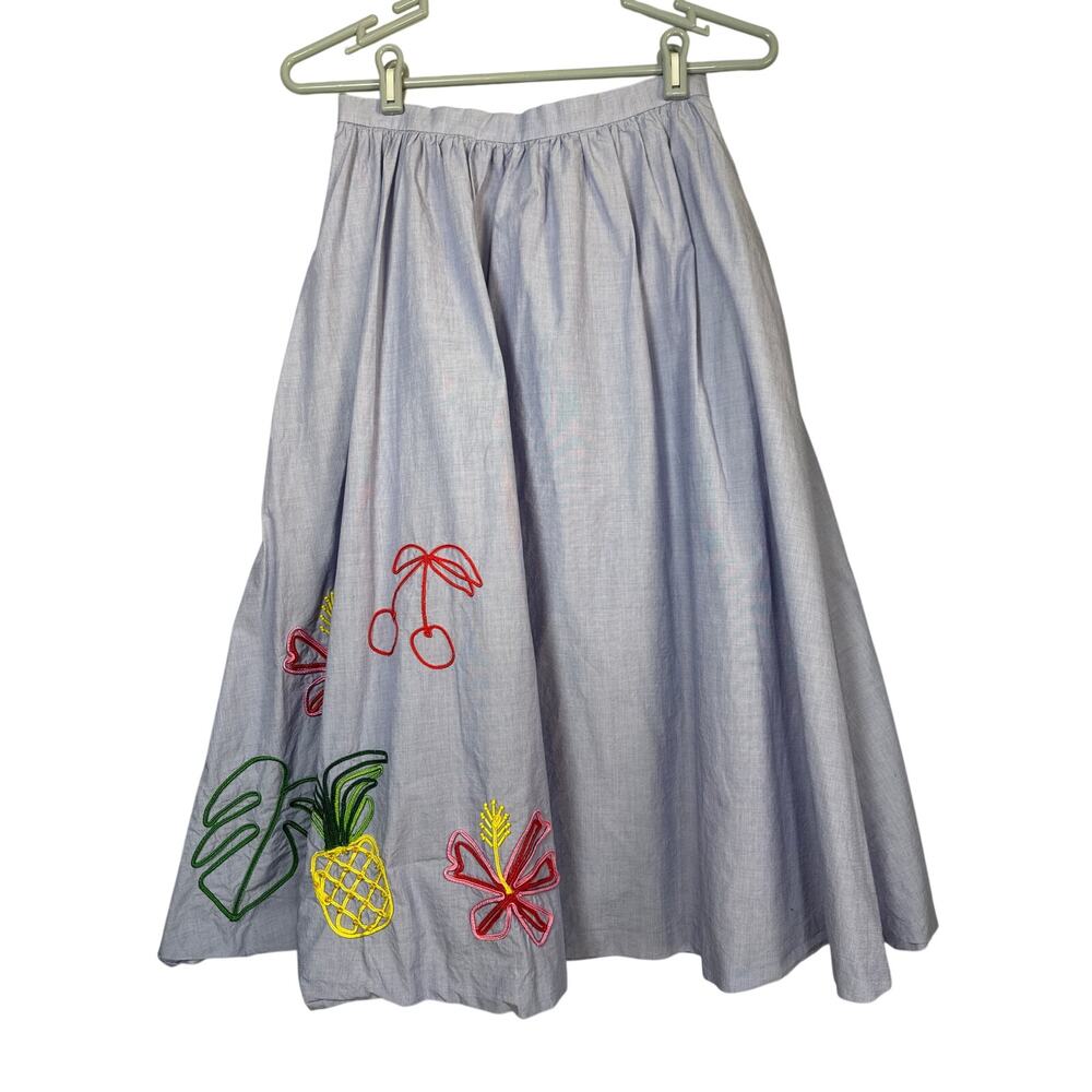 J Crew Embroidered Tropical Midi Skirt European Summer Sz 2 Flowy 100% Cotton